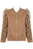 Camel Polka Dot Mesh Sleeve Bomber Jacket